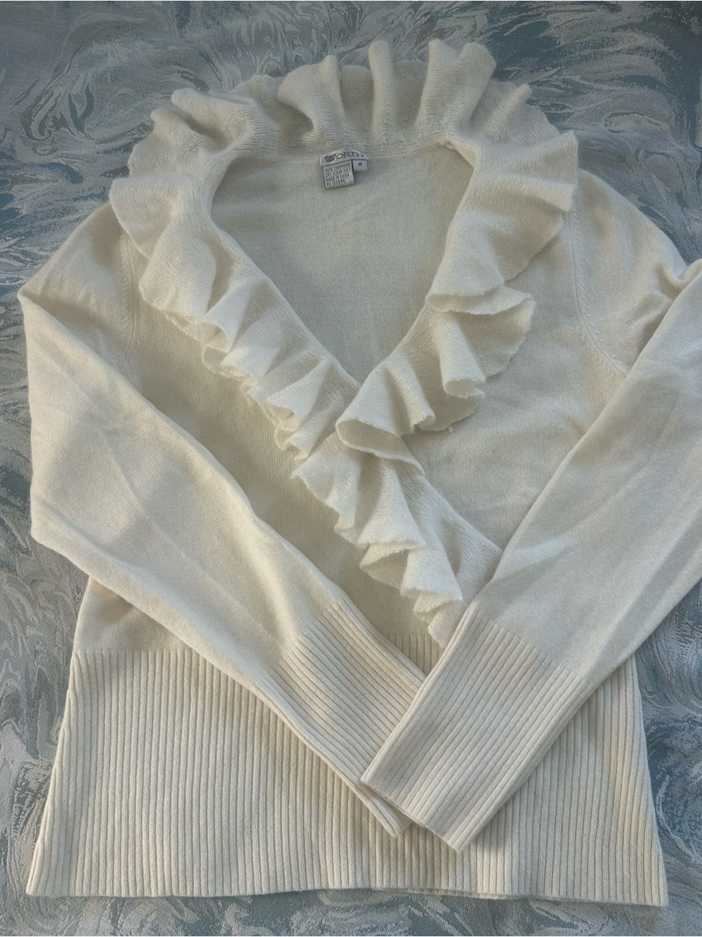 Worth Cream Ruffle V-Neck Sweater 100% Cashmere